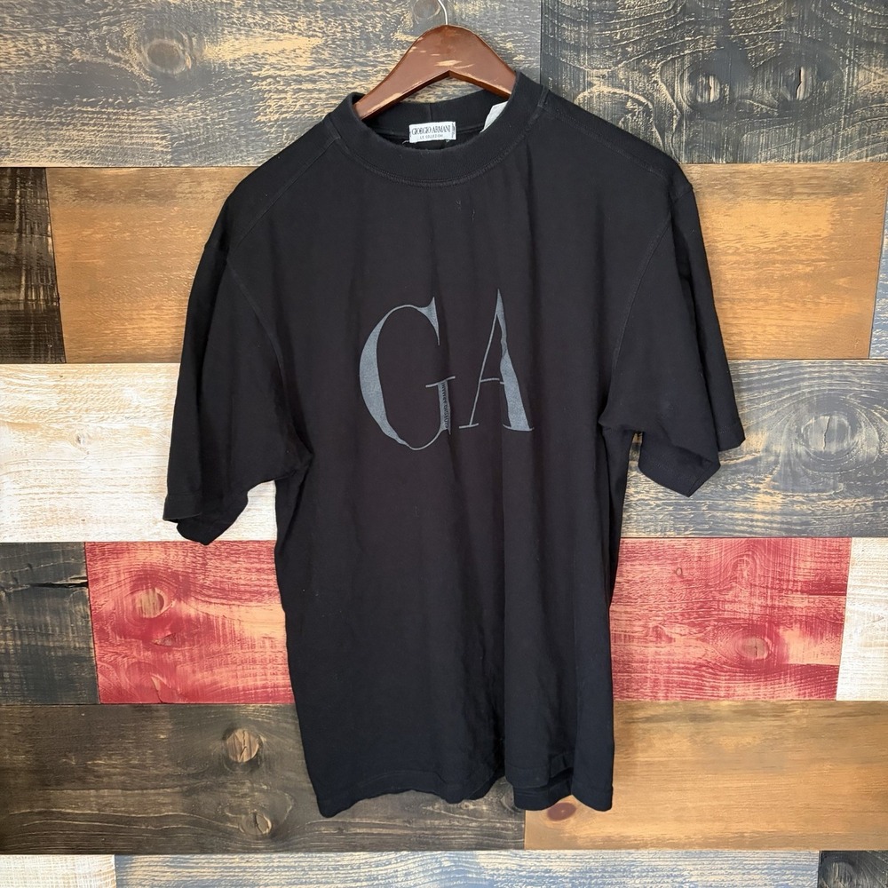 Vintage Giorgio Armani T Shirt 90s Black Graphic Tee Large GA Logo Italy